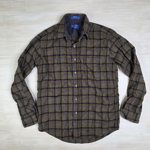 Pendleton Lodge Shirt Fitted Virgin Wool Button Flannel Brown Plaid Sz Medium - Picture 1 of 8